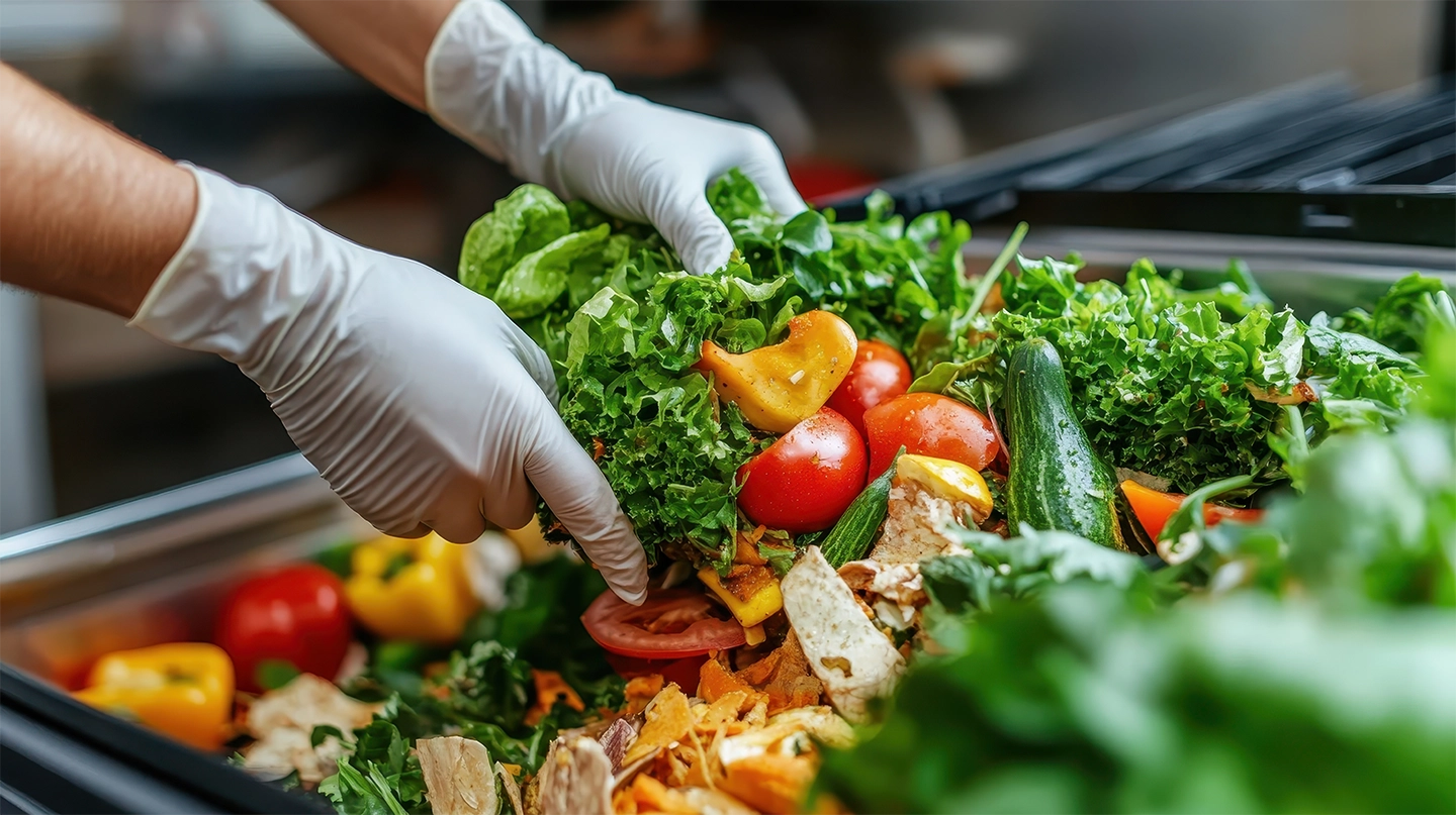 Hands in gloves sorting fresh vegetables, including lettuce, bell peppers, tomatoes, and cucumbers, in a food preparation area.