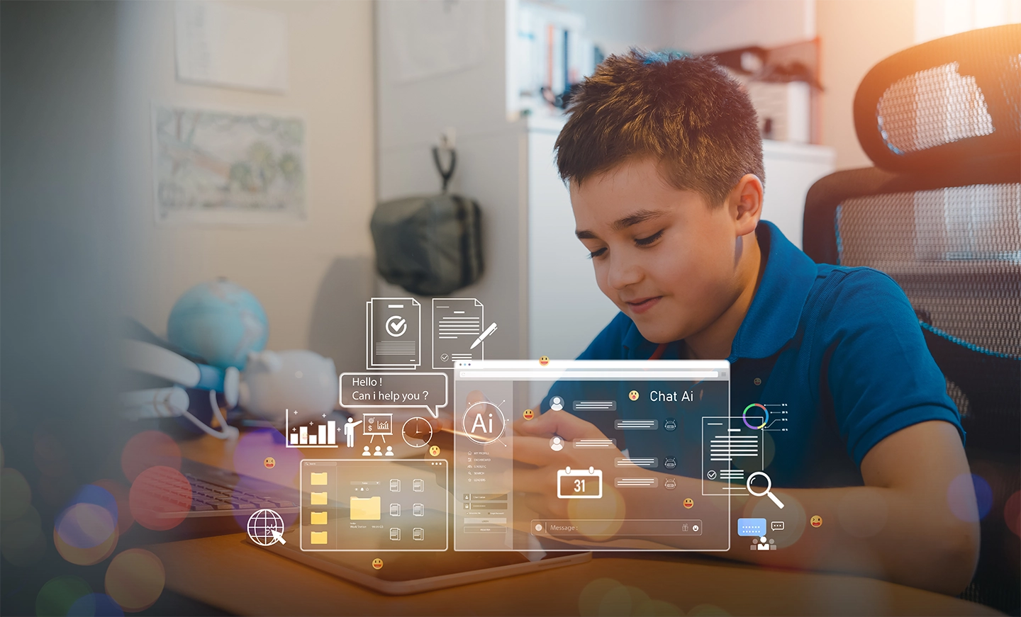 Boy using a tablet at a desk, smiling as translucent AI/chat windows and productivity icons overlay the scene.