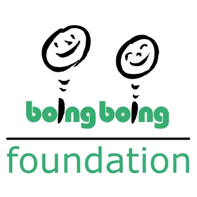 Logo with two smiling stick figure faces above the text "boing boing" in green and "foundation" beneath.