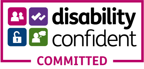 Four colorful icons symbolizing accessibility, with the text "Disability Confident Committed" in bold letters.